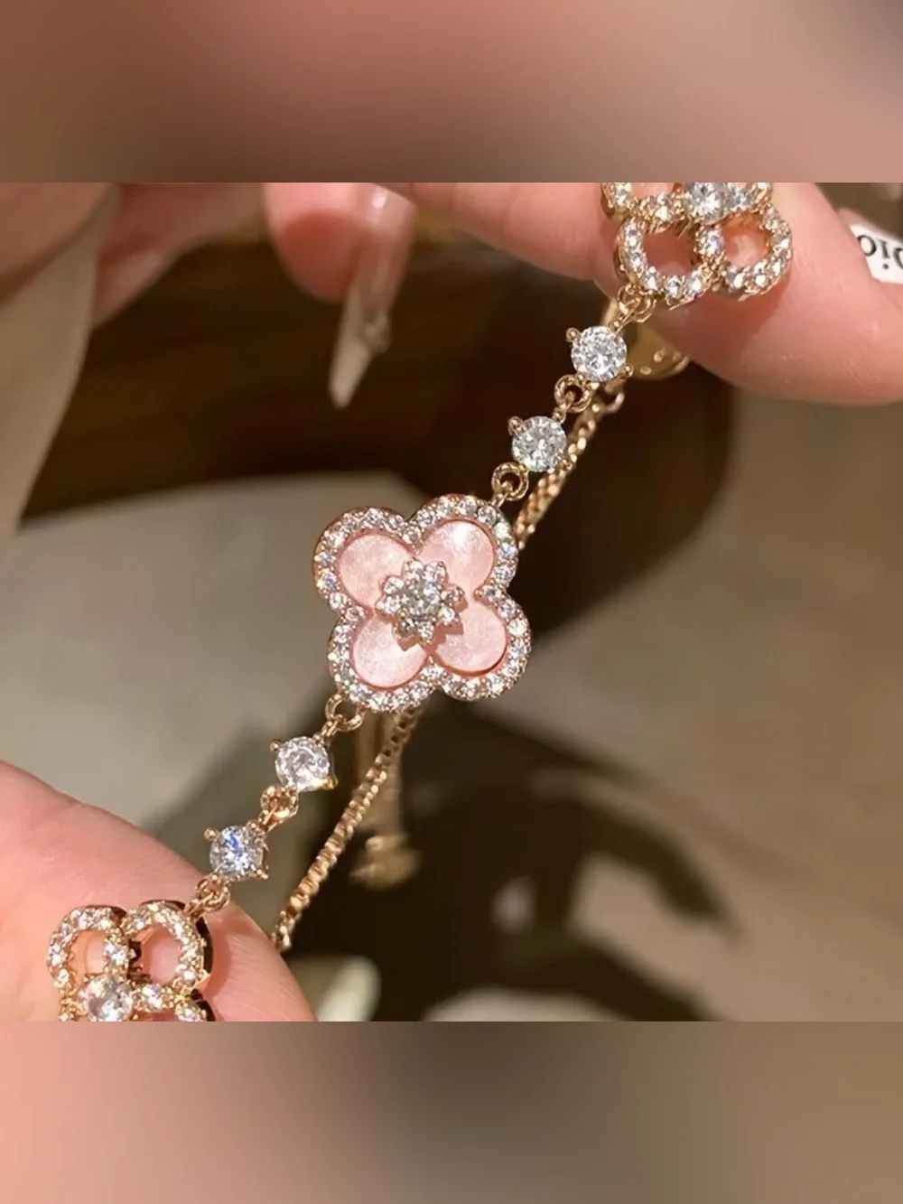Van Cleef / Clover Rose Gold Pink Floral Charm Bracelet